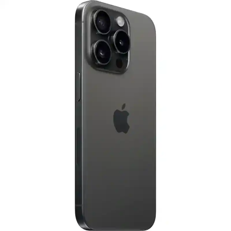 iPhone 15 Pro in Black Titanium showing the back and side