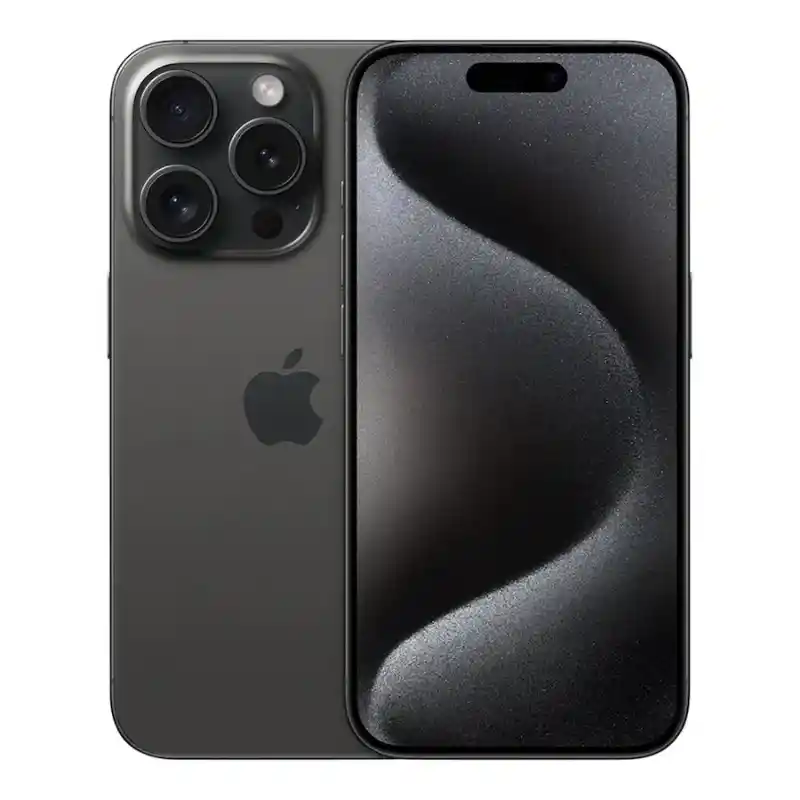 iPhone 15 Pro in Black Titanium showing the front and back
