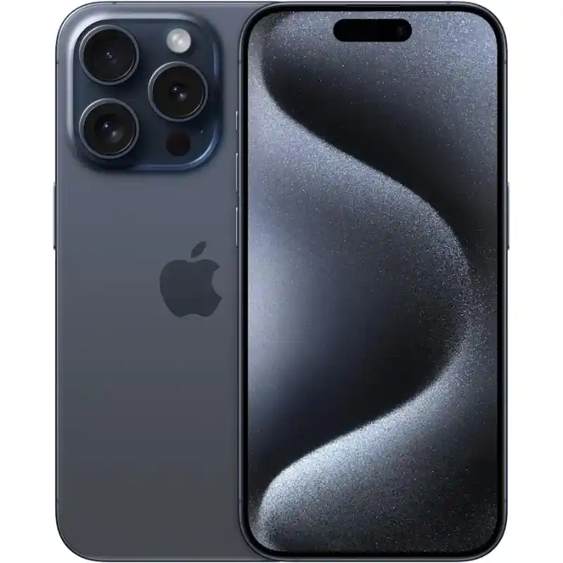 iPhone 15 Pro in Blue Titanium showing the front and back