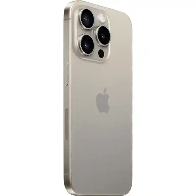 iPhone 15 Pro in Natural Titanium showing the back and side