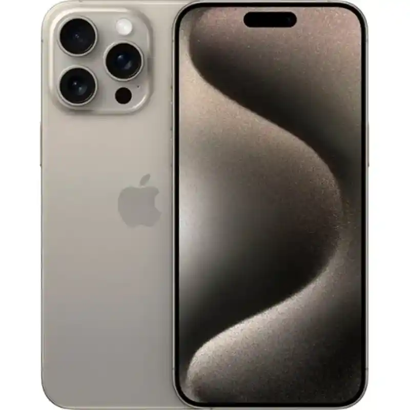 iPhone 15 Pro in Natural Titanium showing the front and back