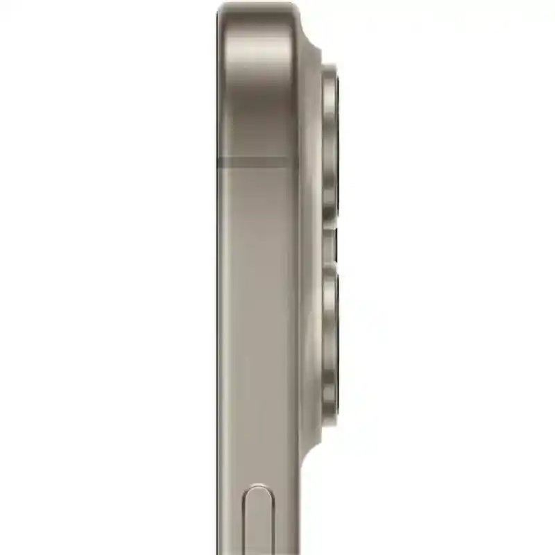 iPhone 15 Pro in Natural Titanium showing the side profile
