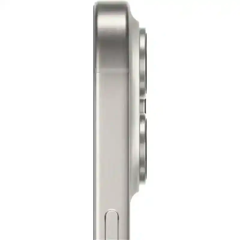 iPhone 15 Pro in White Titanium showing the side profile