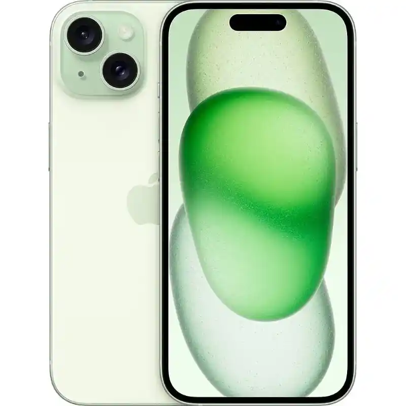 iPhone 15 in Green showing the front and back